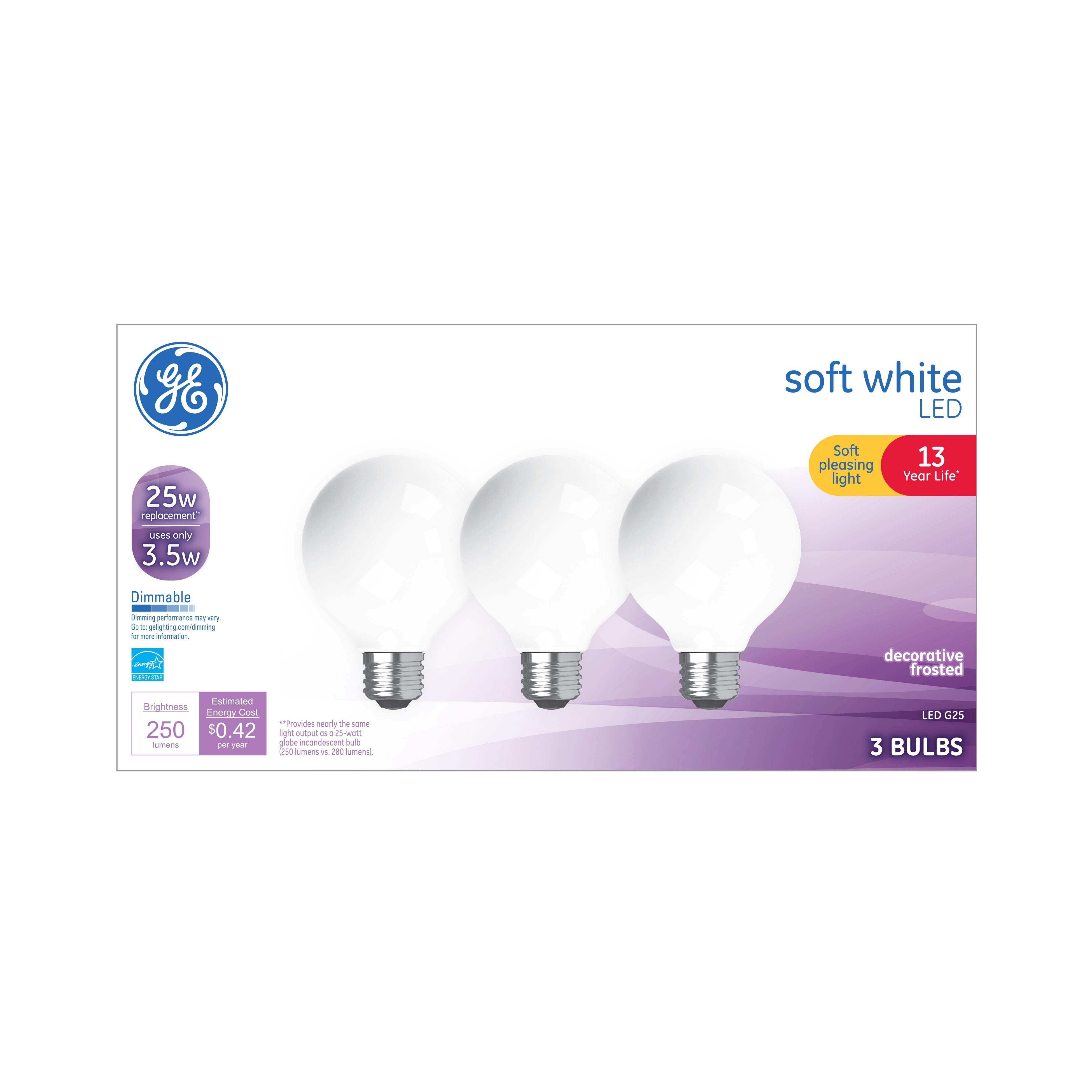 GE LED 3W G25 Globe, Frosted Soft White Medium Base, Dimmable, 3pk Light Bulbs