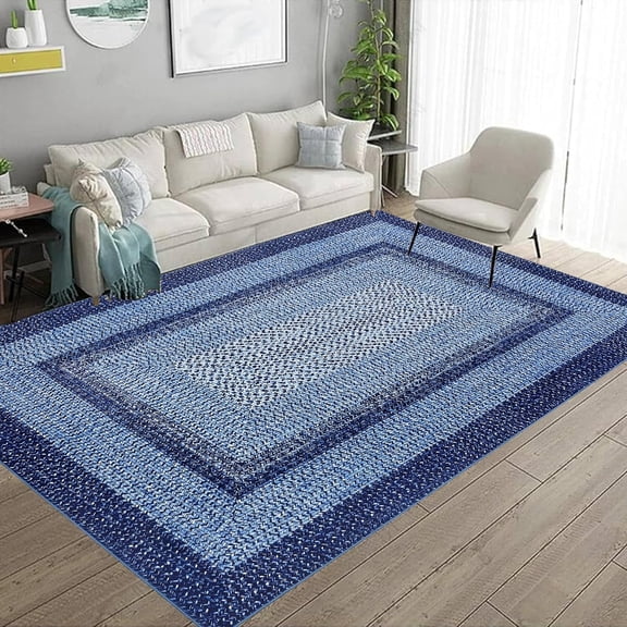 8x10 Rugs for Living Room Large Indoor Modern Braided Washable Rug Soft Vintage Farmhouse Rugs Non Slip Bedroom Rug Foldable Thin Accent Throw Carpet for Nursery Dorm Home Office Navy,Blue