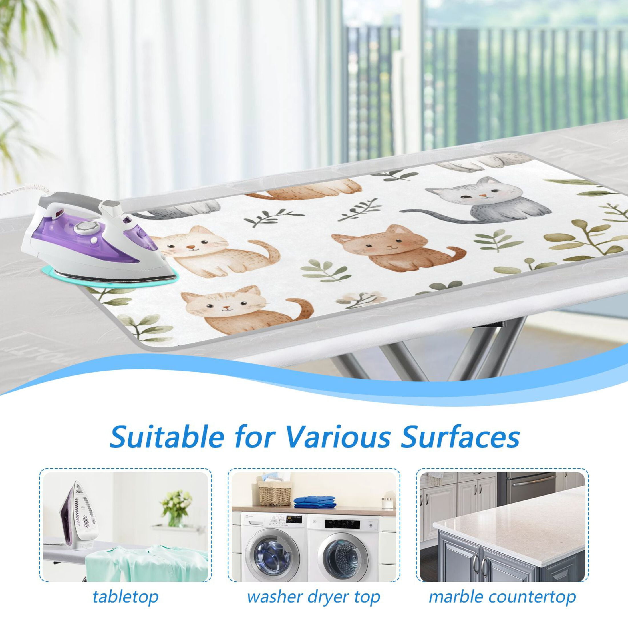 Cute Cats Leaves Watercolor Painting Ironing Mat Blanket Portable Travel Ironing Pad Heat Resistant Pad 47.2" x 27.6”