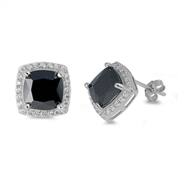 Halo Square Earrings Black Cubic Zirconia Clear Cubic Zirconia .925 Sterling Silver Jewelry Female