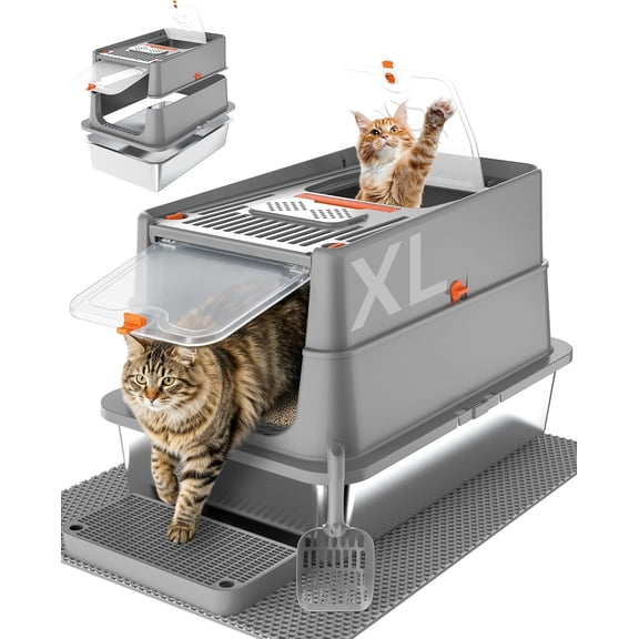 Stainless Steel XL Litter Box with Flip Lid High-Sided Top Entry Anti-Leak Design for Large Cats Dark Grey