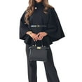 thumbnail image 2 of Women Batwing Sleeve Ponchos Pea Coat Stand Collar Capes Jacket Cloak Elegant Wool Coat with Belt Black S, 2 of 7