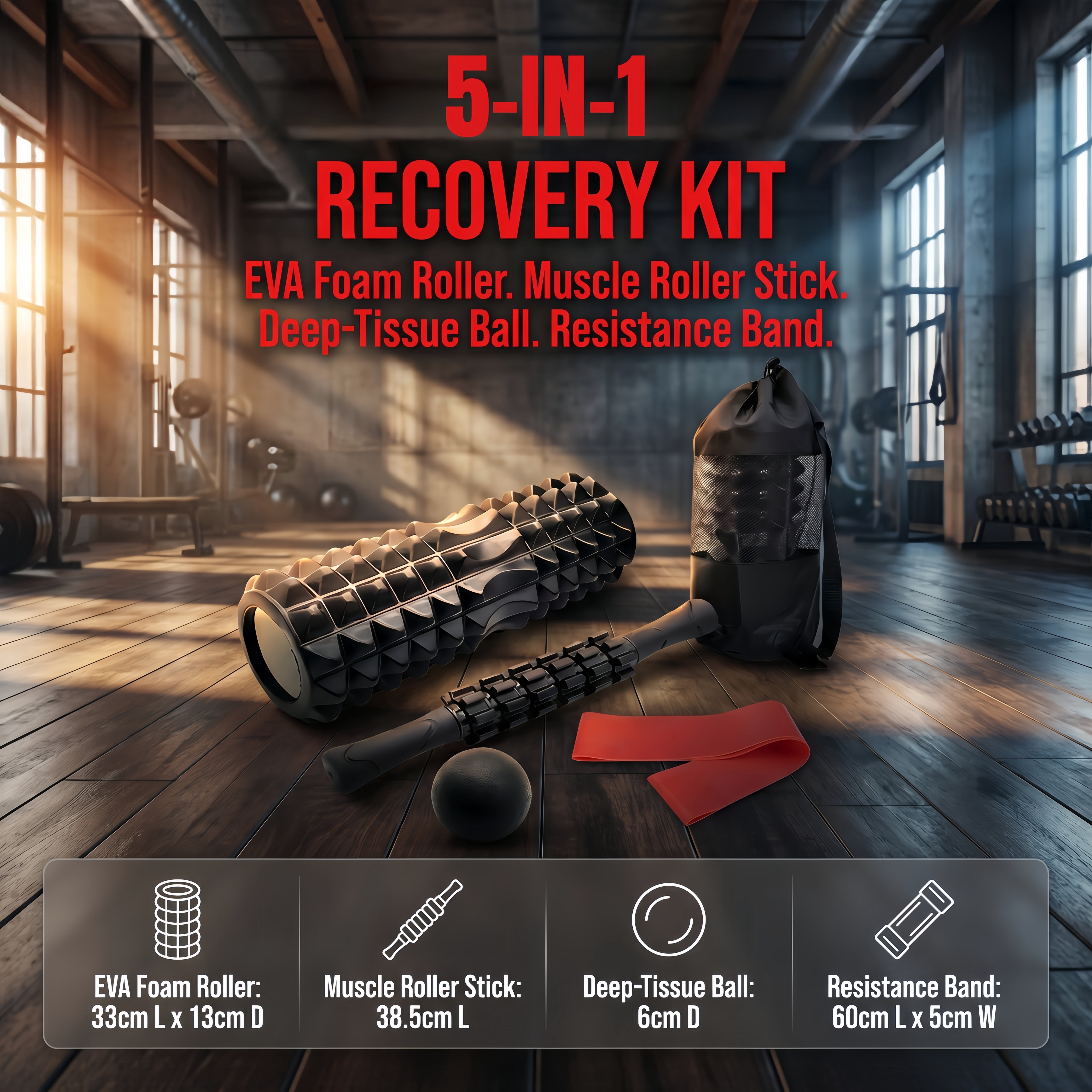 DEKEones 5 in 1 Foam Roller Set, Deep Tissue Muscle Massage Roller Kit with Massage Stick, Massage Ball, Resistance Band & Carry Bag for Sore Muscle Relief, Myofascial Release, Trigger Point Therapy
