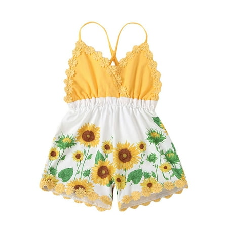 

REORIAFEE Girl s Floral Print Romper Boho Romper Backless Sunflower Print Romper Dressy Romper Fall Romper Infant Jumpsuit Newborn Romper Summer Romper for Girls Multicolor 6-12 Months