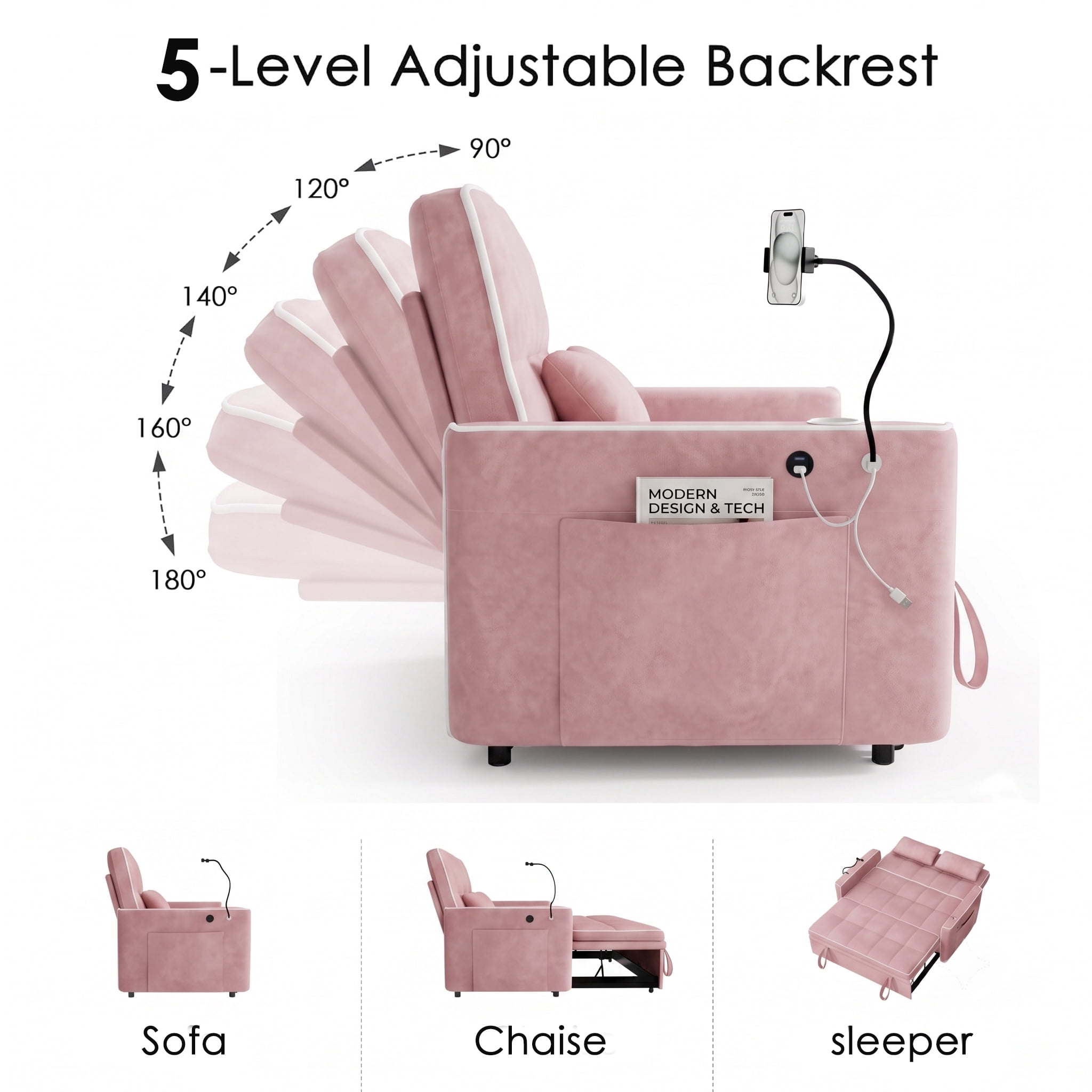 AISWORD 54" Convertible Sleeper Sofa Bed, Pull Out Loveseat Couch with USB Port, Phone Holder & Cup Holder, Adjustable Backrest for Apartment, Living Room, Office, Pink