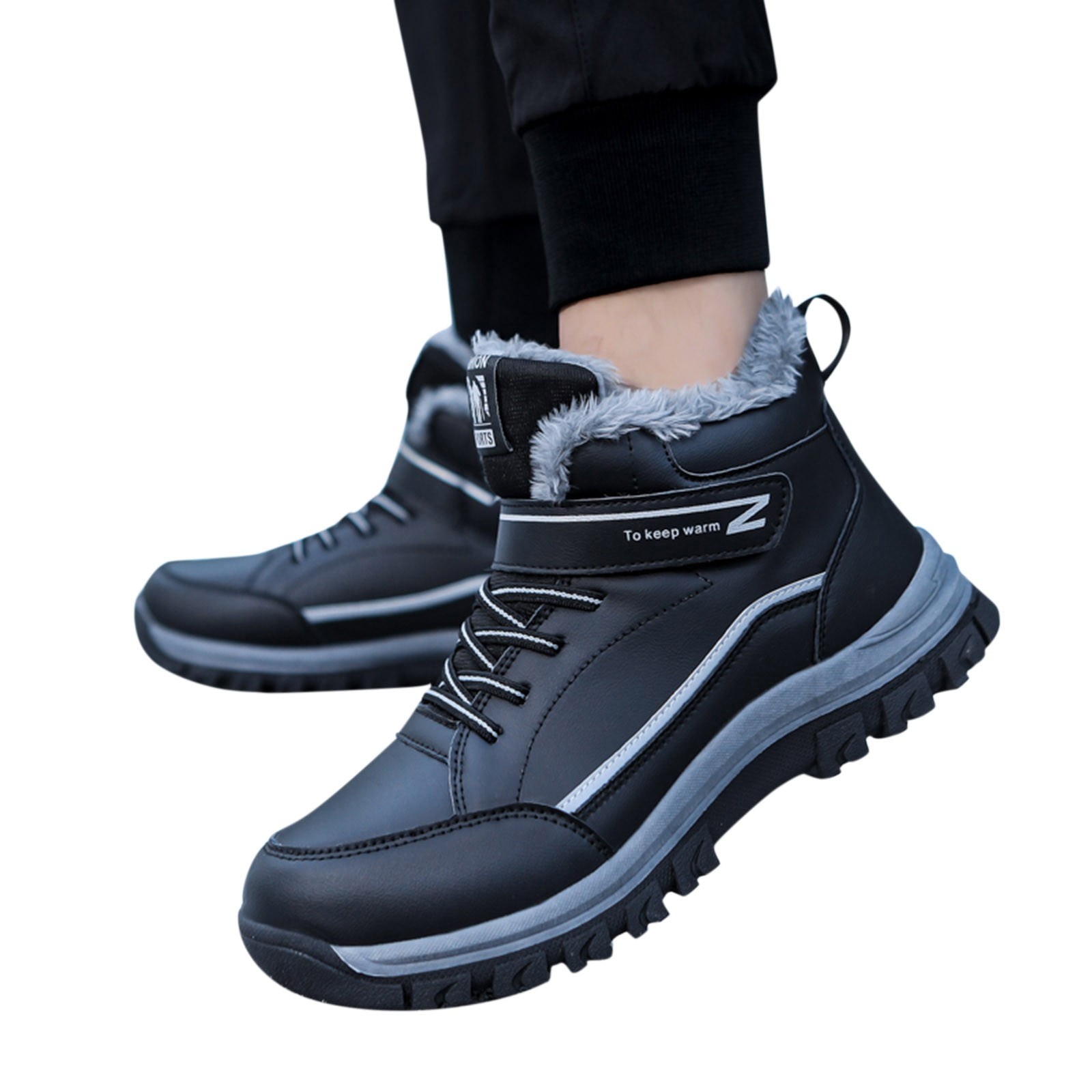 PMUYBHF Male Leather Sneakers for Men Brown Fashion Winter Men Snow Boots Thick Bottom Non Slip Waterproof Round Toe Lace up Mid Top Velvet Warm and