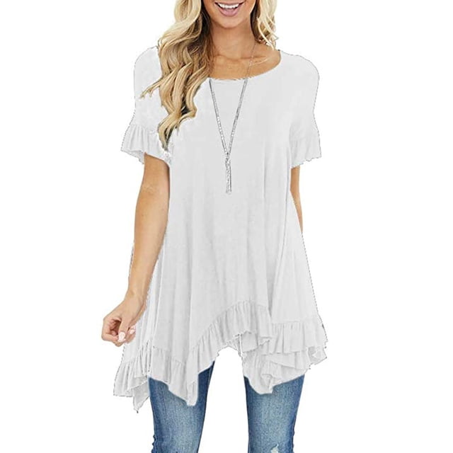 CHGBMOK Plus Size Womens Tops Women's Fashion Casual Irregular Ruffle Round Neck Short Sleeve Tops Summer Beach Tops on Clearance