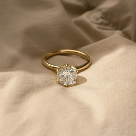 Jewelerix 14K Yellow Gold Vermeil Solitaire Ring Round Cut Center Stone Elegant Engagement Ring Moissanite Diamond Promise Jewelry for Women