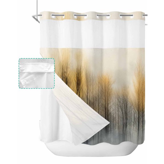 No Hook Shower Curtain with Snap in Liner, Abstract Hand Drawn Oil Painting Tree and Sunset Hotel Shower Curtains for Bathroom, Washable Shower Curtain Liner Set with Mesh Top Window, 72x78
