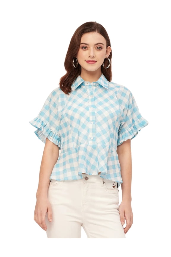 Printed Cotton Short Sleeve Peplum Top - Shirt Collar, Chic Top
