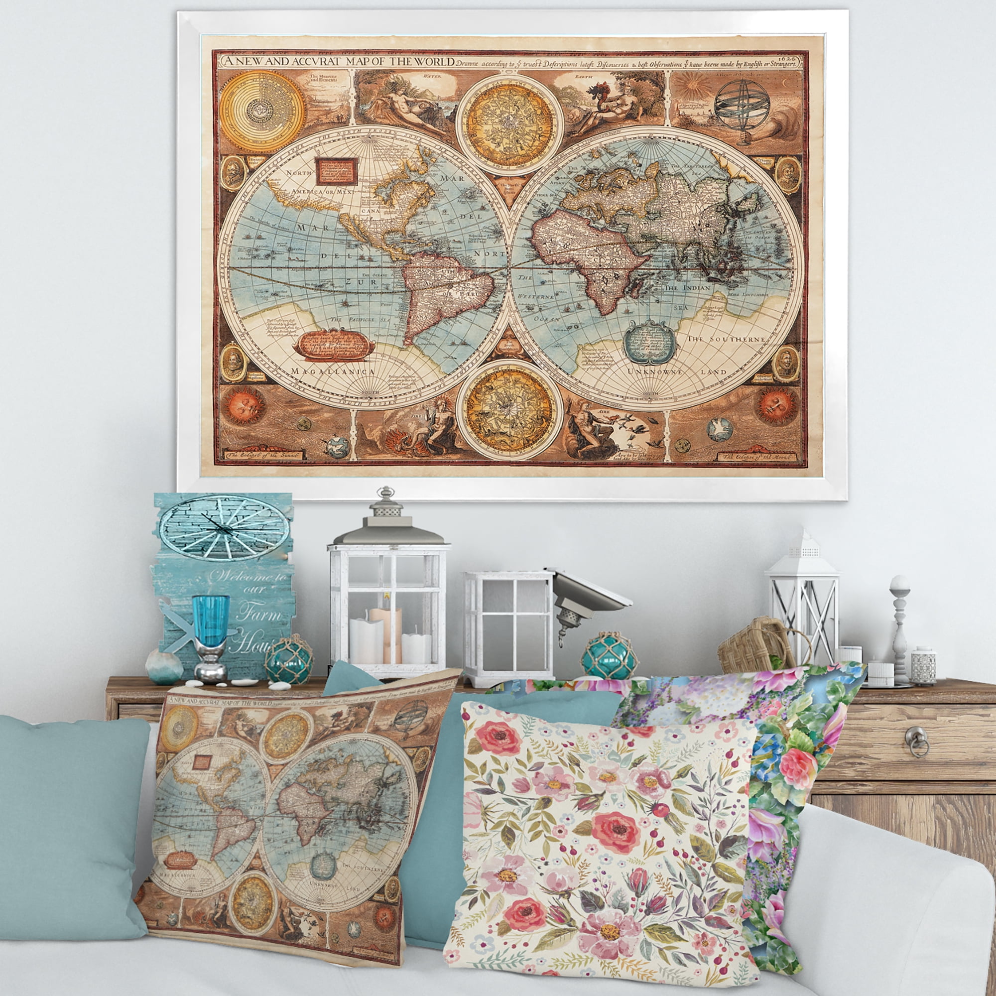 Designart 'Vintage Map of The World VIII' Vintage Framed Art Print