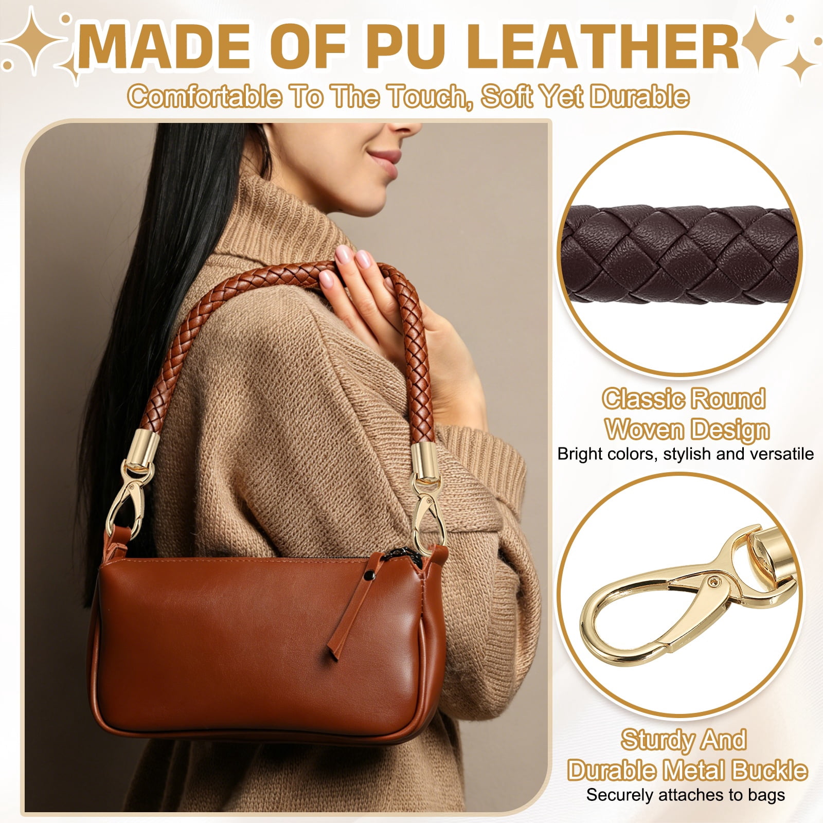 Uxcell 2 Pcs Braided Purse Strap, 65cm 25.6" PU Leather Shoulder Purse Strap for Handbag Bag Handle Replacement for DIY Making Handbag Underarm Bag, Dark Coffee (Light Gold Buckle)