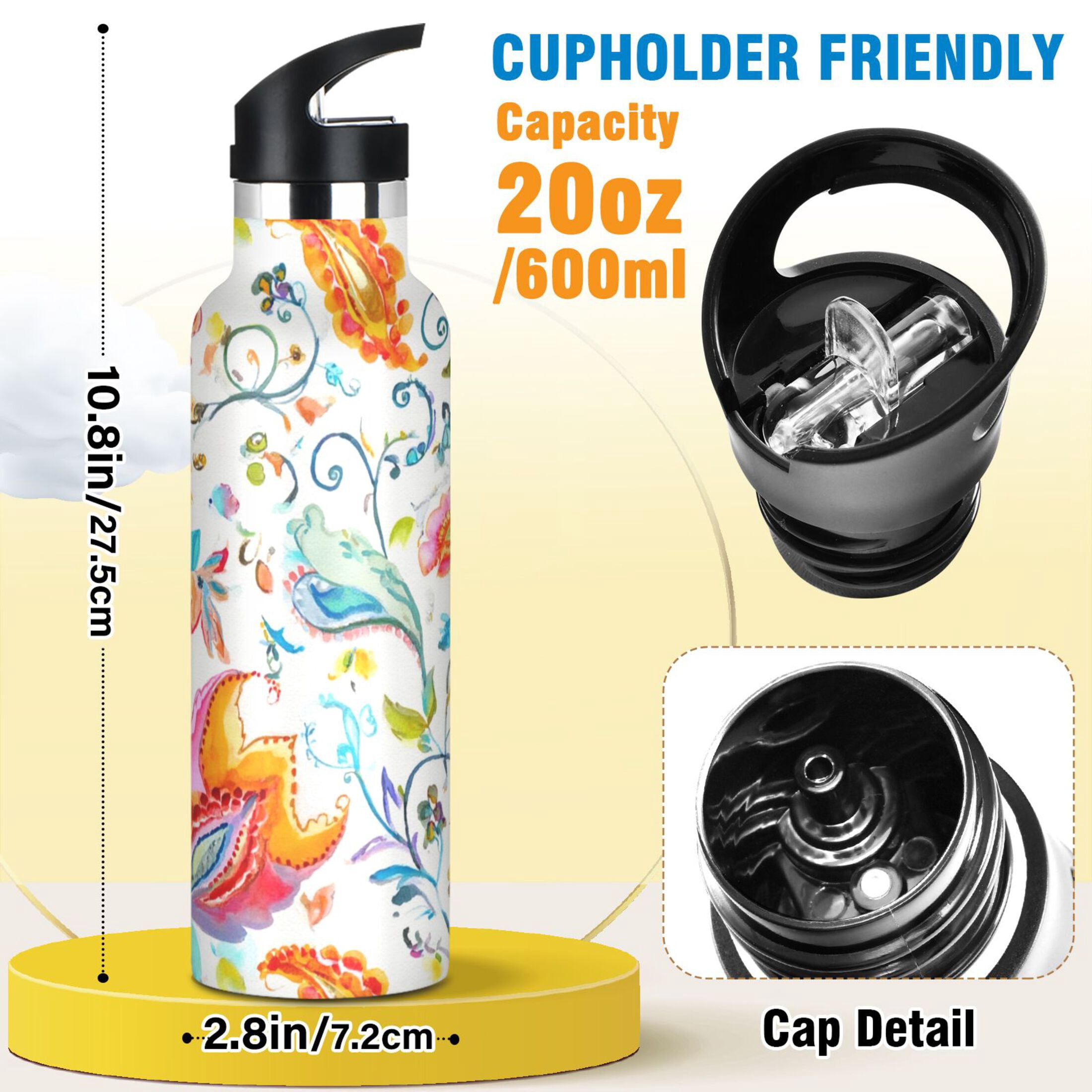 Kids Insulated Stainless Steel Sports Water Bottle 600ml (20oz) Watercolor Colorful Floral