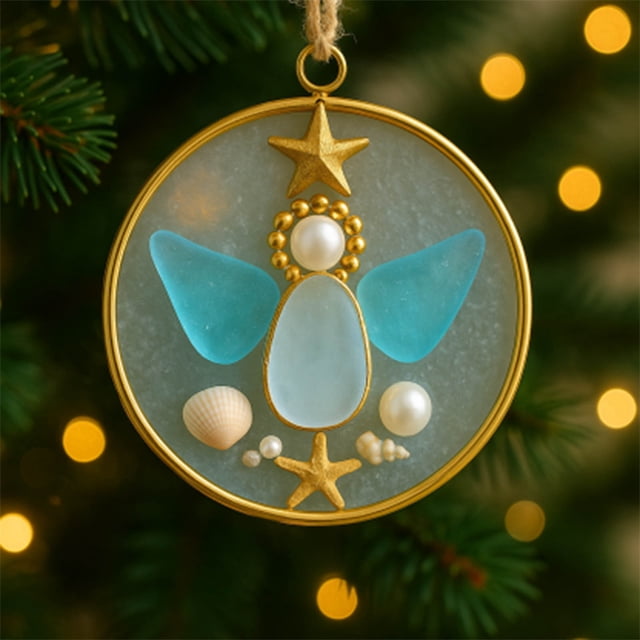 Adorno navideño de nacimiento de vidrio marino inspirado en el adorno de la Natividad de vidrio marino hecho a mano.