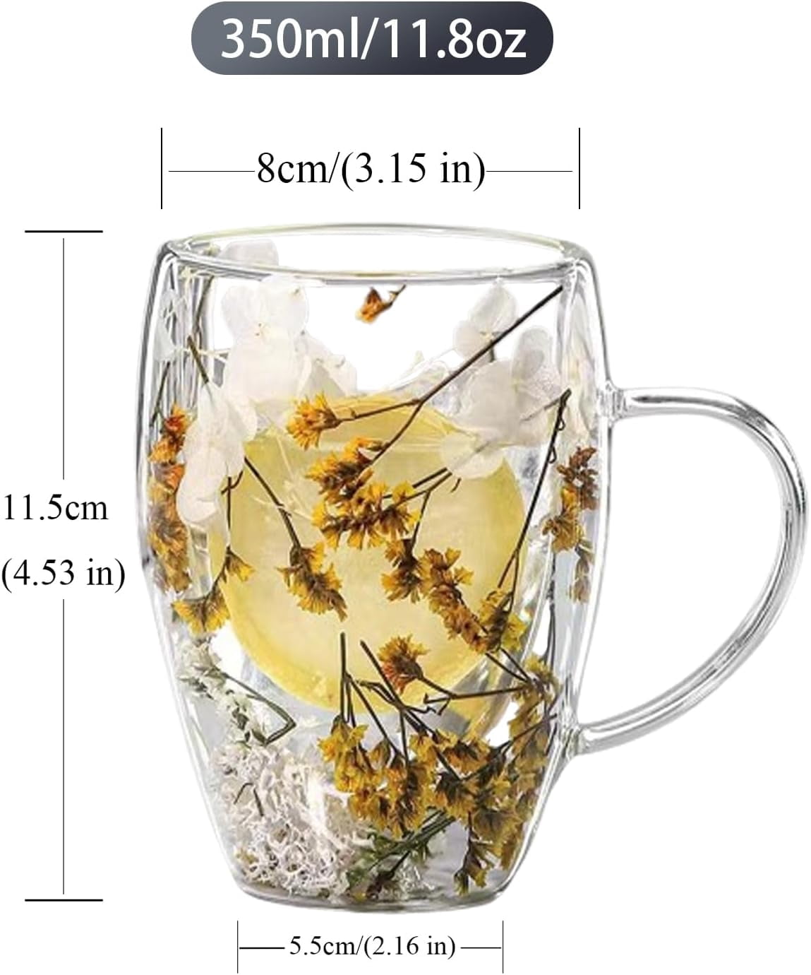 Double Walled Glass Coffee Mugs 12oz 2pcs Espresso Cups,Clear Coffee Mug Cappuccino Cup With Handle Unique Flower Filler Glass Coffee Cups For Tea Milk Latte Hot Cold Beverage Wine Espresso