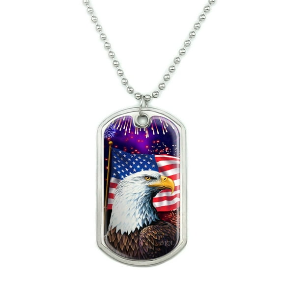 Eagle Patriotic 4th of July Celebration American Flag Fireworks Military Dog Tag Pendant Necklace with Chain