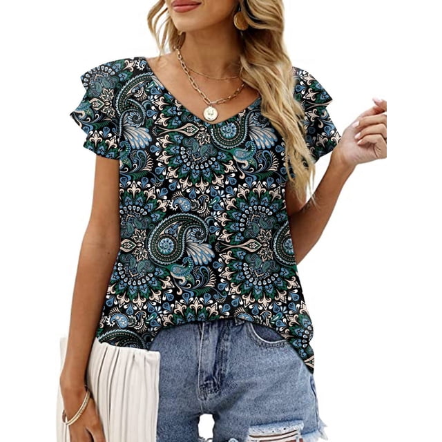 CHOK Womens Tops Summer Double Ruffle Short Sleeve V-Neck Casual Blouses Colorful Leaves-L(US 12-14)