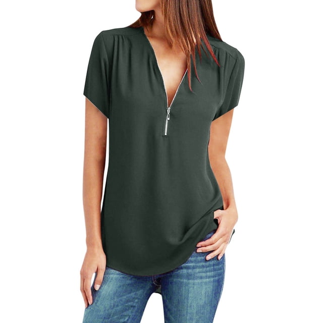 Timegard Hauts pour Femmes en Chiffon à Manches Courtes avec Fermeture Éclair Col en V Couleur Unie Tunique Décontractée Mode Été
