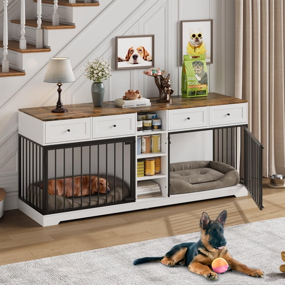 81.9" Large Dog Crate Furniture for 2 Dogs with 4 Drawers and 4 Storage Shelves, Dog Kennel Indoor for Medium Large Dogs, White
