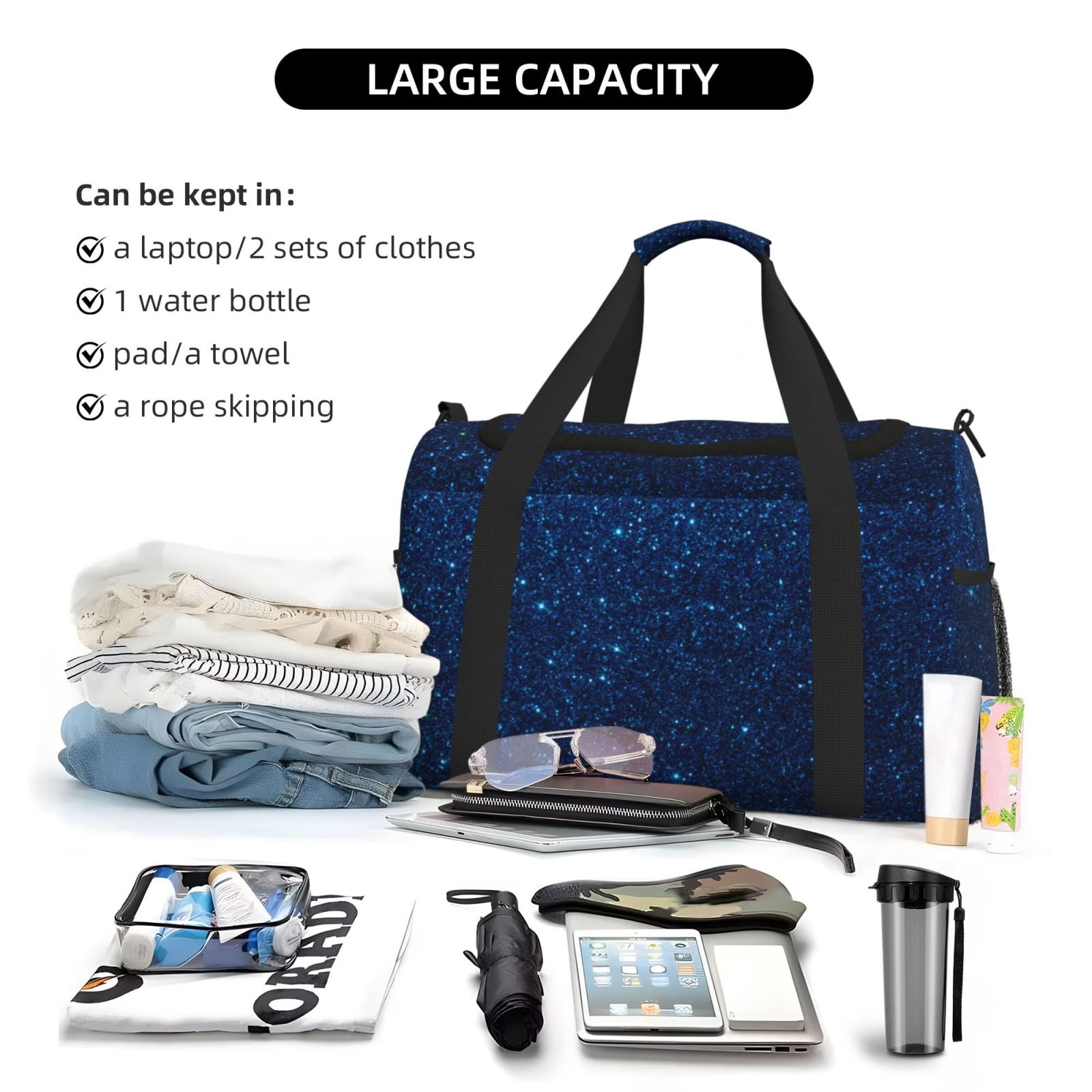 Fuzoiu Sparkling Blue Glitter Print Travel Duffle Bag,Carry On Tote Bags,Duffel Bag,Sport Gym Bag, Hospital Bag for Labor and Delivery, Overnight Bag,Luggage Bag
