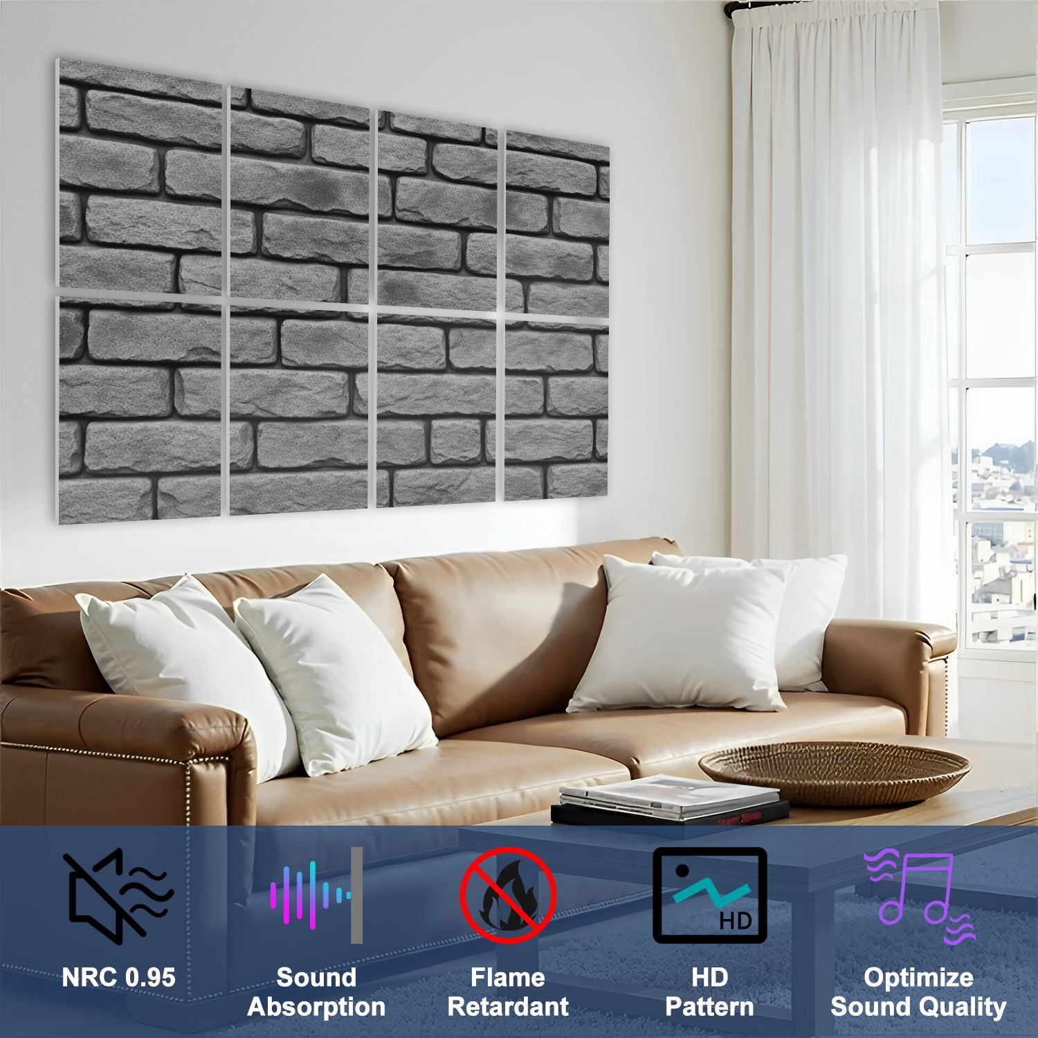 8 Pack Art Acoustic Panels Sound Absorbing Gray Vintage Brick Wall Rough Surface Decorative Soundproof Wall Panels Self Adhesive for Nursery Game Room Bedroom 48"x32"