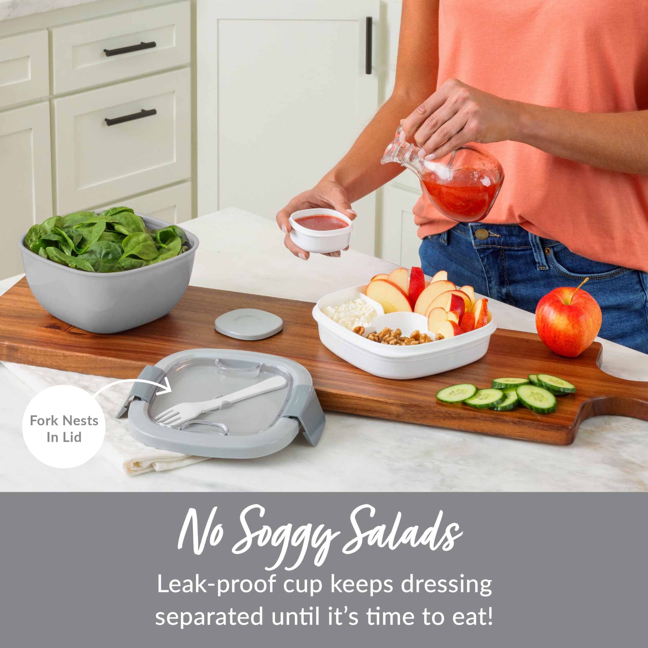 Bentgo Salad Container - 6.75 cup Bowl with 4-Compartment Toppings Tray, Leak-Proof Dressing Container, Reusable Fork, BPA-Free Lunch Box for Meal Prep & Food Storage; Removable Bento Tray (Gray)