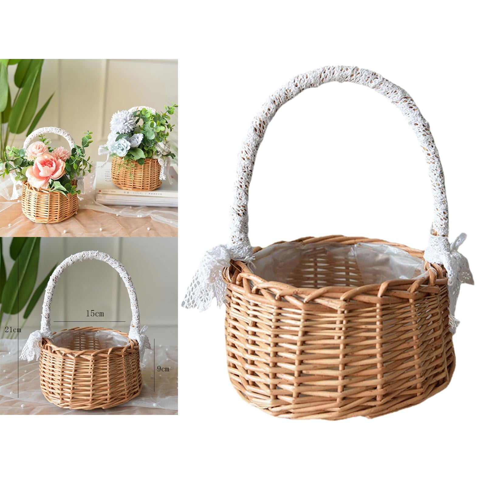 Rattan Storage Basket with Handles Lace Bow Decor Wedding Flower Girl Gifts indoor and outdoor Flower Pot Plant Holder , M M