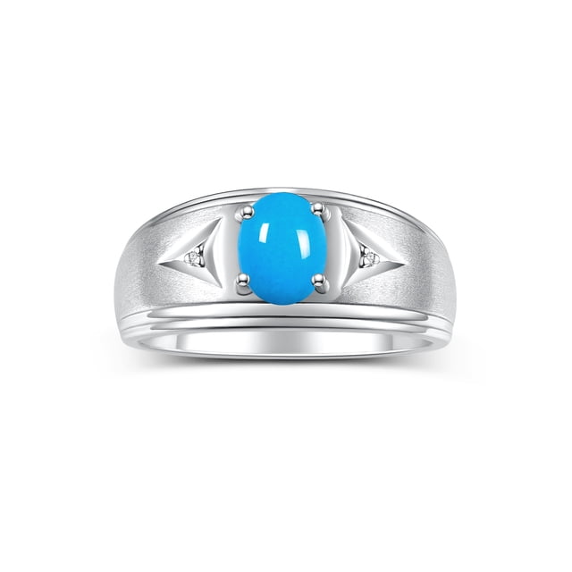 RYLOS Men's Rings 14K White Gold Classic 8X6MM Oval Gemstone & Diamond Ring Turquoise December Birthstone Rings For Man Gold Rings Size 11