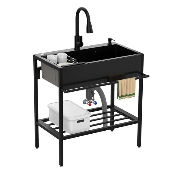 Stainless Steel Utility Sink, Single Bowl Kitchen Sink with Cold and Hot Water Faucet, Storage Shelf, Hoses and Drain Kit, Free Standing Sink Cabinet for Laundry Room Kitchen Garage Outdoor