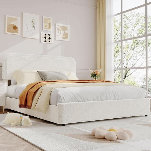 Bingirl Lit Plateforme Entièrement Rembourré en Velours avec 4 Tiroirs de Rangement, Lattes en Bois, Aucun Sommier Requis, Assemblage Facile, Sans Bruit, Beige