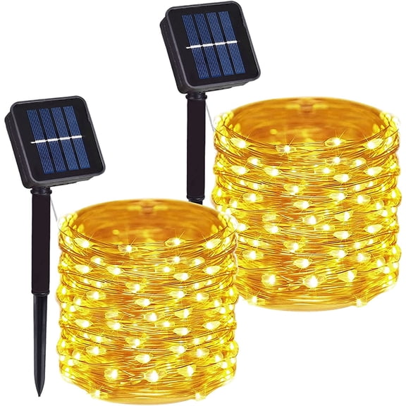 Solar String Lights Outdoor, 2 Pack 16.4FT 50 LED Copper Wire Solar Powered Fairy Lights Waterproof with 8 Lighting Modes for Garden Patio Tree Christmas Party Wedding ,Warm White