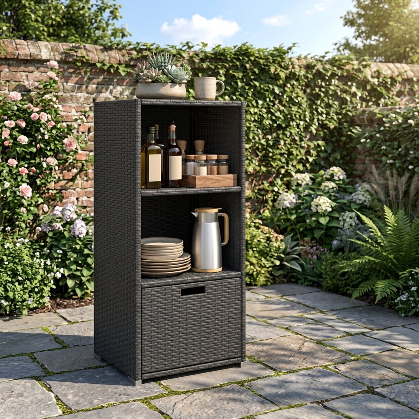 Biotree Outdoor Storage Cabinet with Drawer and 3 Shelves for Patio Porch Poolside Backyard, Mix Brown