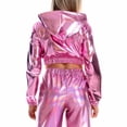 thumbnail image 2 of SWSMCLT Women's Metallic Hoodie Long Sleeve Crop Top Workout Shirt Dance Party Club Hooded Sweatshirt Shiny Cropped Top Pink Small, 2 of 4
