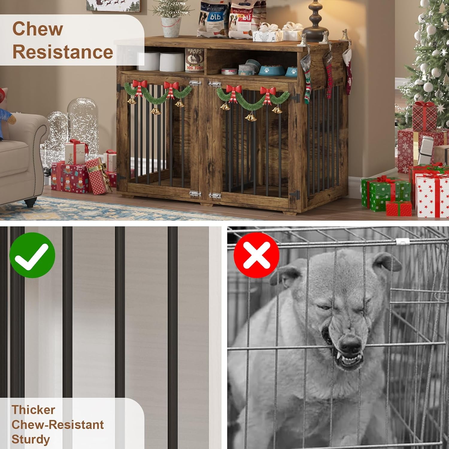 DreamCurship 41 Inch Dog Crate Furniture, 2-Door Wooden Dog Crate Kennel Furniture with Divider, Indoor Dogs Kennel for Small to Medium, Wash Gray