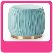Adore Decor Jolie Pleated Ottoman, Modern Upholstered Tufted Small Round Vanity Foot Stool with Gold-Plated Base for Living Room, Bedroom and Bathroom, Teal