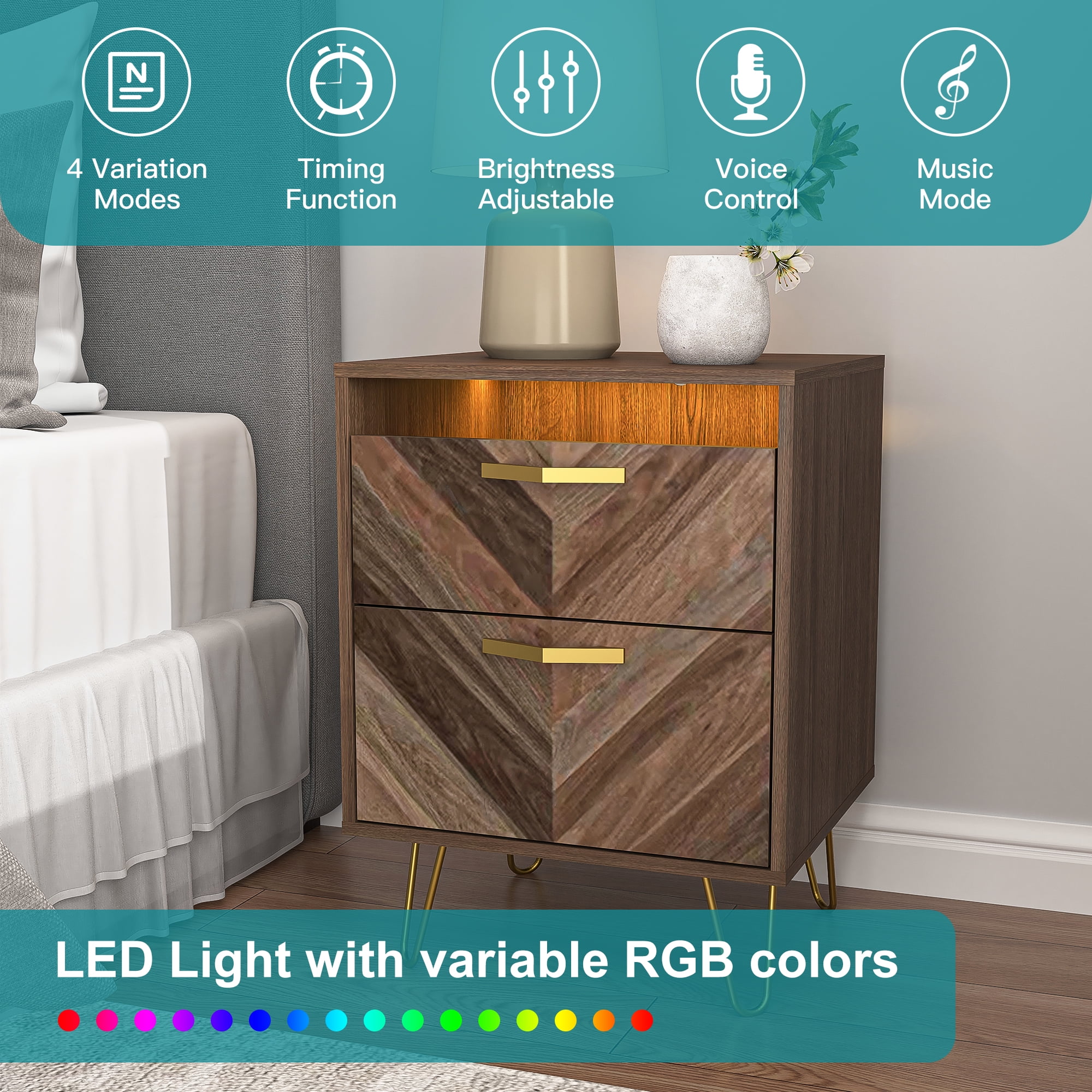 Finihen 24" Tall Nightstand with 2 Drawers, End Table Dual Night Stand with Metal Legs and LED Lights for Bedroom Living Room, Brown