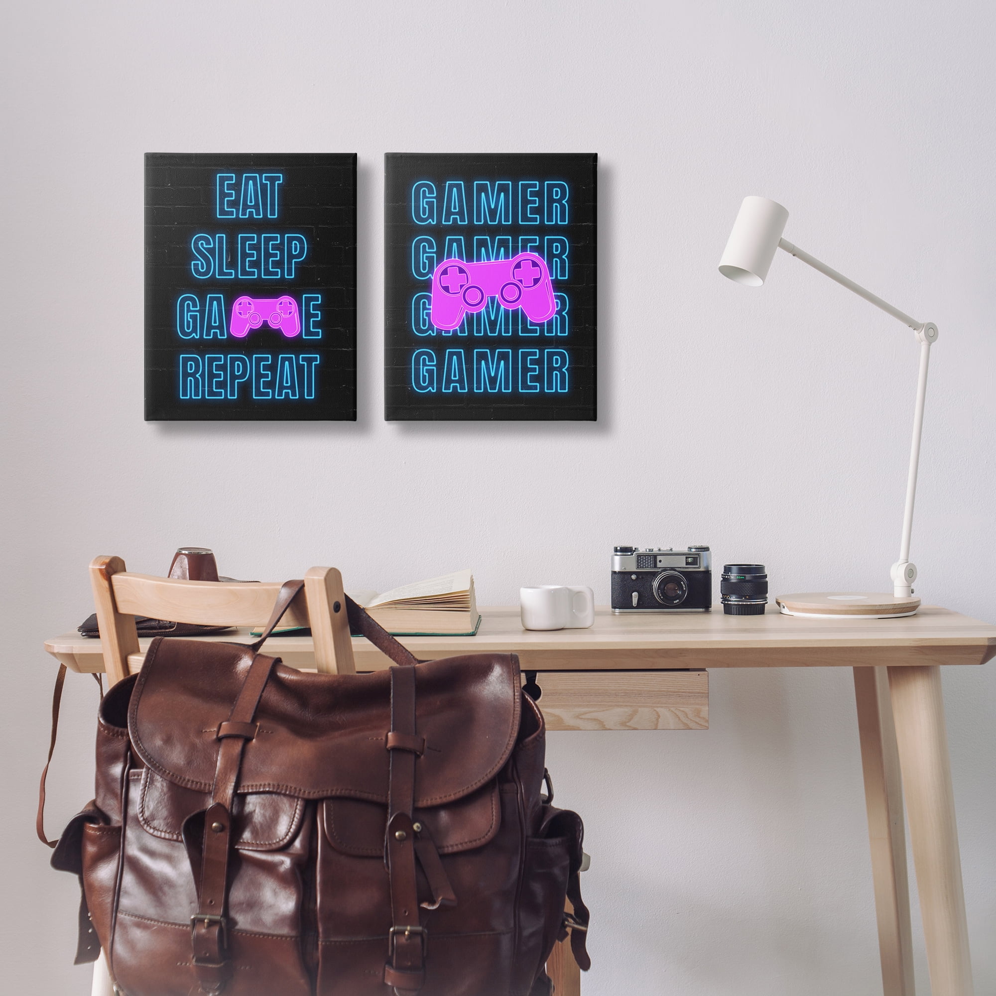 Stupell Industries Neon Gamer Eat Sleep Entertainment Painting Wrapped Canvas Art Print Wall Art, 16 x 20, Set of 2