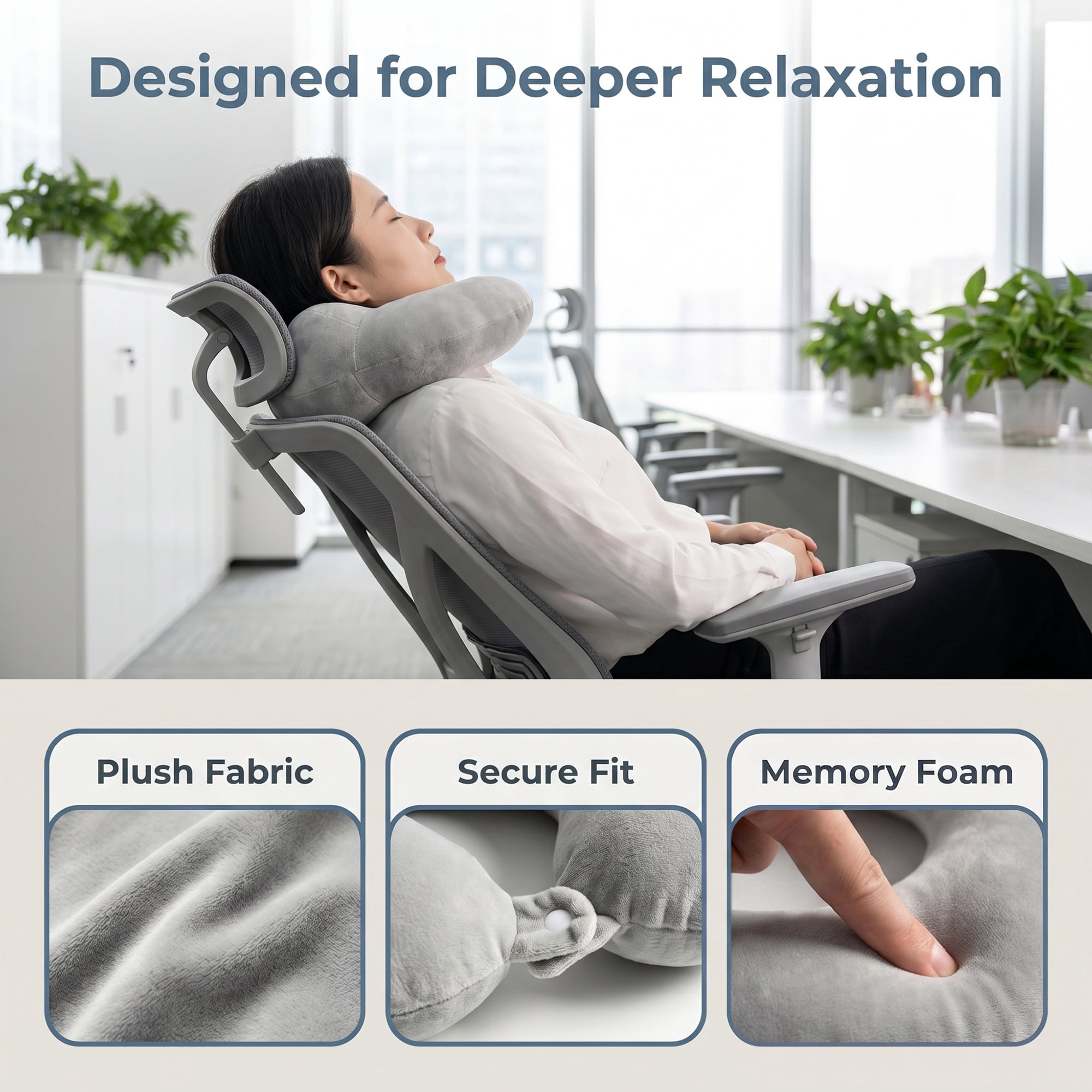 Unique Bargains Memory Foam U Shape Travel Neck Pillow Snap Closure Light gray 12"x11"x5"