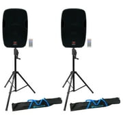 (2) Rockville BPA15 15" Powered 800 Watt DJ PA Speakers+Crank-Up Speaker Stands
