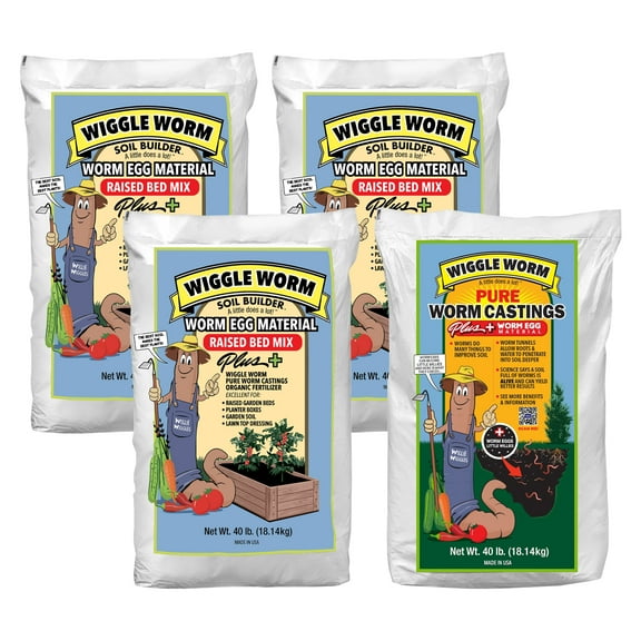 Wiggle Worm Combo Package - 4 Total 40-Pound Bags – Egg Material Raised Bed Soil Mix (3 Count) and Pure Worm Castings Plus Worm Egg Material Fertilizer and Amendment (1 Count)