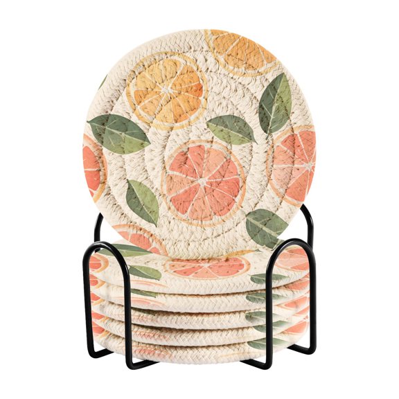 Yayeee 6 PCS Drink Coasters with Holder Set Woven Absorbent Round Tabletop Hot Pad, Watercolor Orange