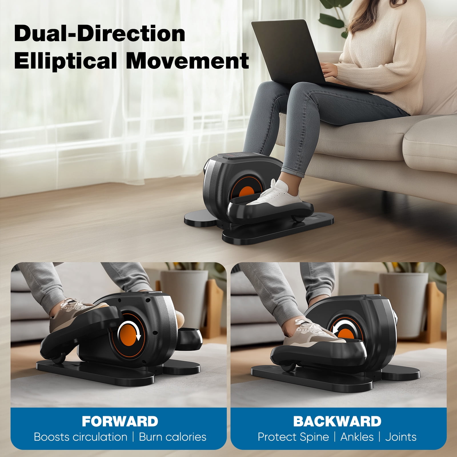 JIOABL Desktop Elliptical Machine - Portable Seated Step Exerciser with 12 Speeds, Remote Control & LCD Display | Quiet Compact Design for Home/Office, Black