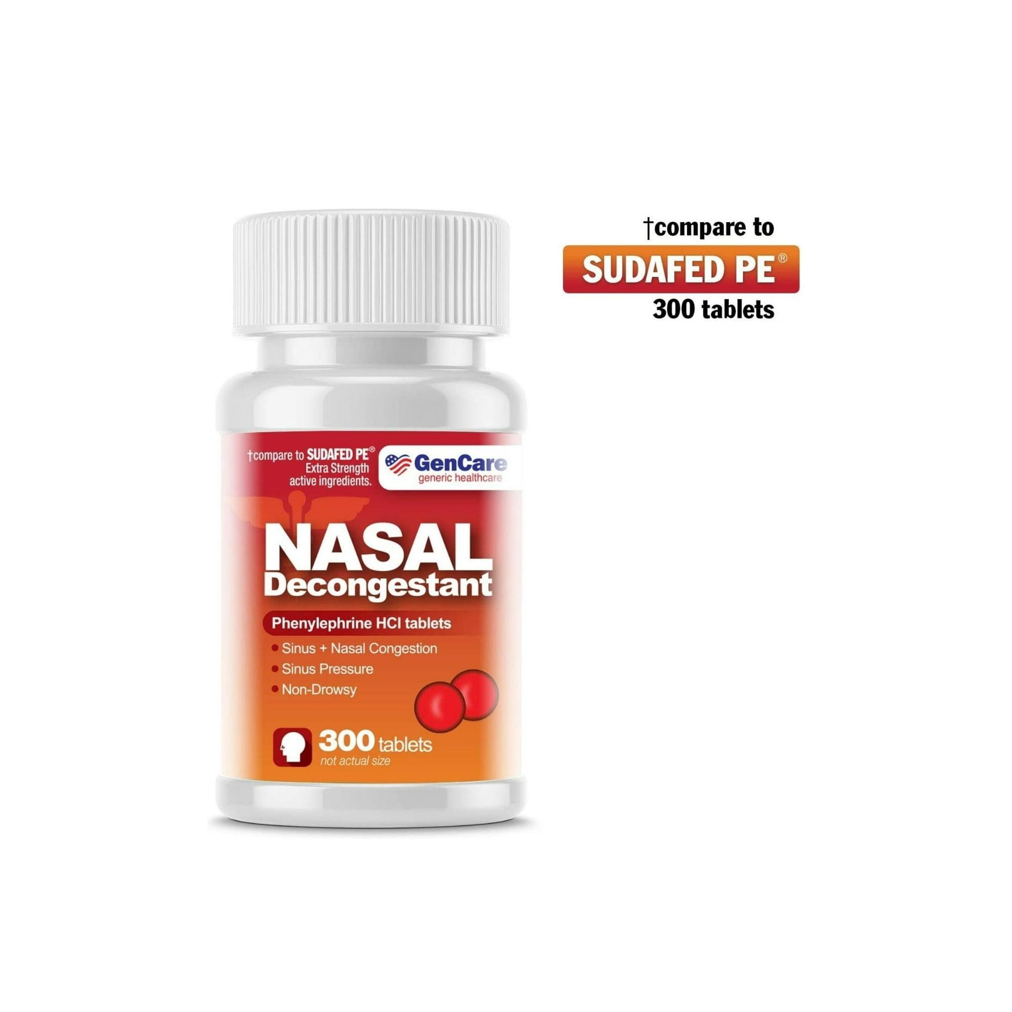 GenCare -1 Nasal Decongestant (10mg Tablets) Phenylephrine HCl (300 Tablets Per Bottle) | Value Pack Non Drowsy Sinus and Nasal Congestion Relief | Lower Sinus Pressure Due to Allergies or Illness.