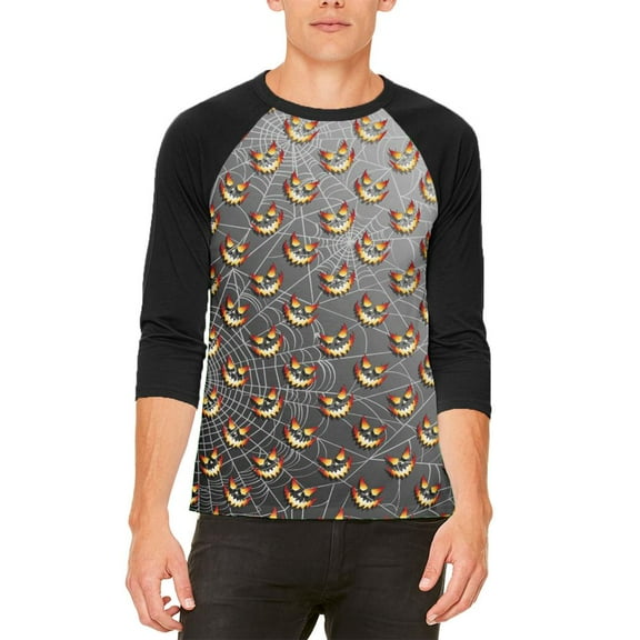 Halloween Spider Webs and Jack-O-Lanterns Mens Raglan T Shirt White-Black MD