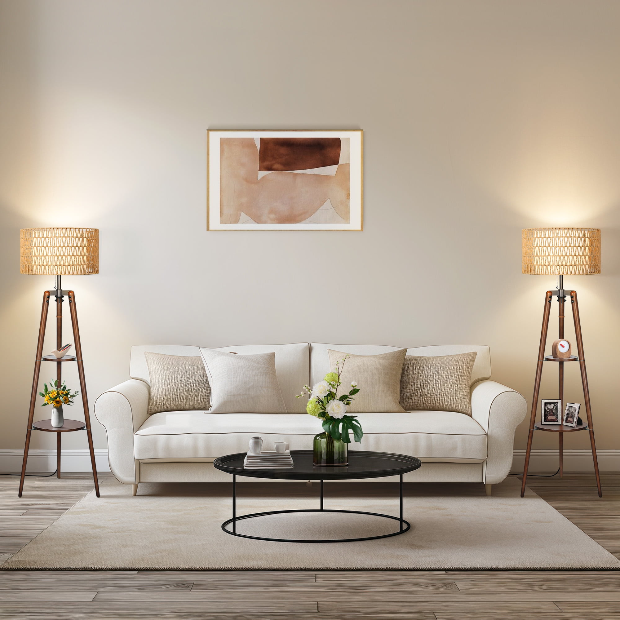 OUTON Boho Rattan Tripod Floor Lamp with Shelves, Dimmable Standing Lamp with Remote Control,Wood Tall Floor Lamps for Living Room Bedroom Office Farmhouse (Bulb Included)