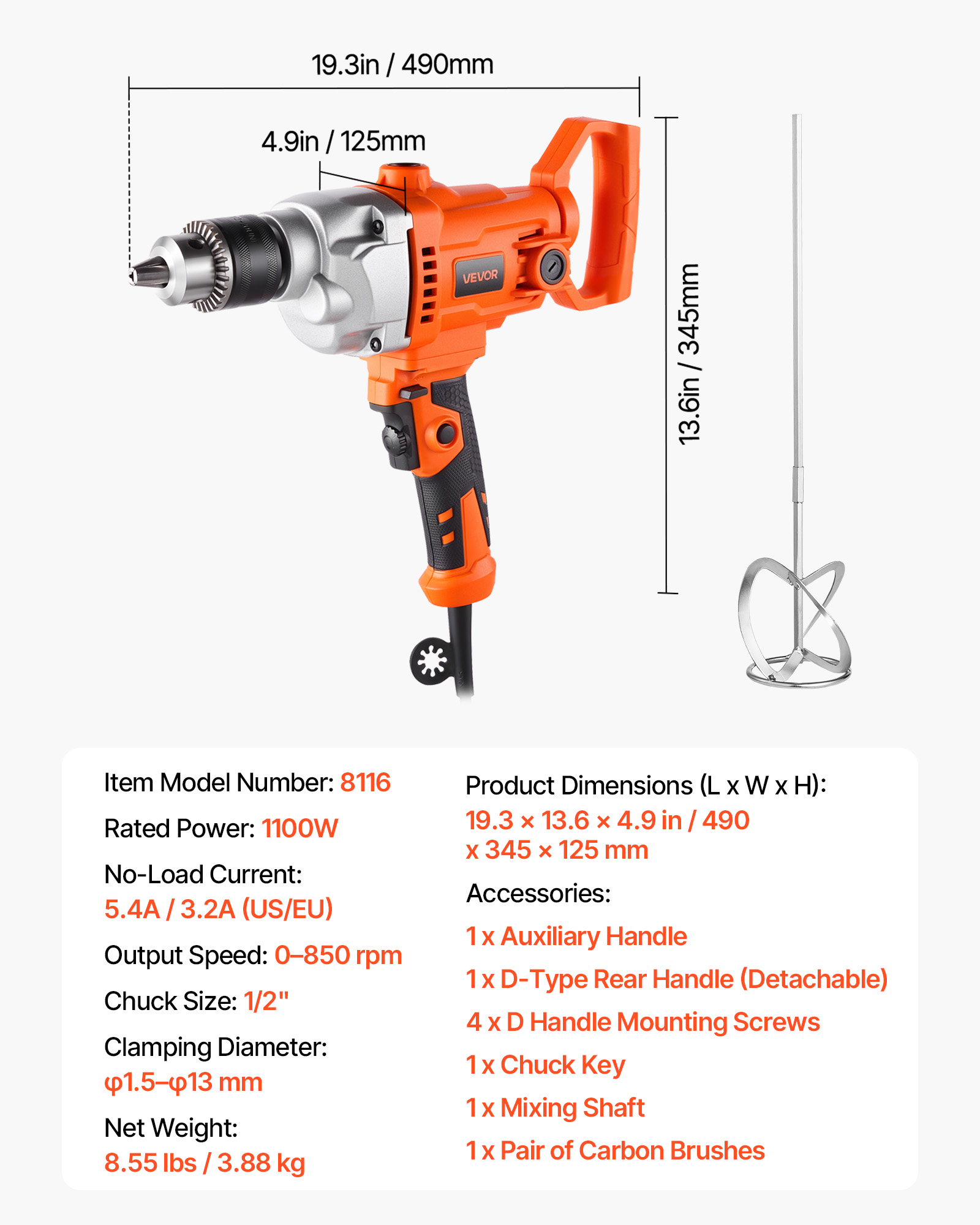 VEVOR Drill Mixer, 1/2 inch Corded Electric Drill Mixer Set, 0-850RPM 5.4A Mixing Drills,Mixing Drills Machine with D-Handle for Drilling & Blending, Handheld Cement Mixers for Fodder, Paint, Cement