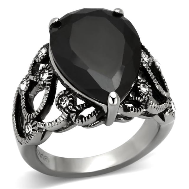 Women High Polished Stainless Steel Ring with AAA Grade CZ in Jet - Size 6