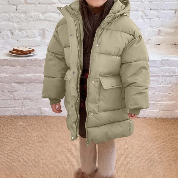 Parkas de manga larga para niños, de invierno, de color sólido, gruesas, rellenas de plumón, resistentes al viento y cálidas, con capucha y cuello grande, parte superior de poliéster.