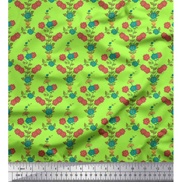 Soimoi Poly Georgette Fabric Leaves & Floral Printed Fabric 1 Yard 42 Inch Wide