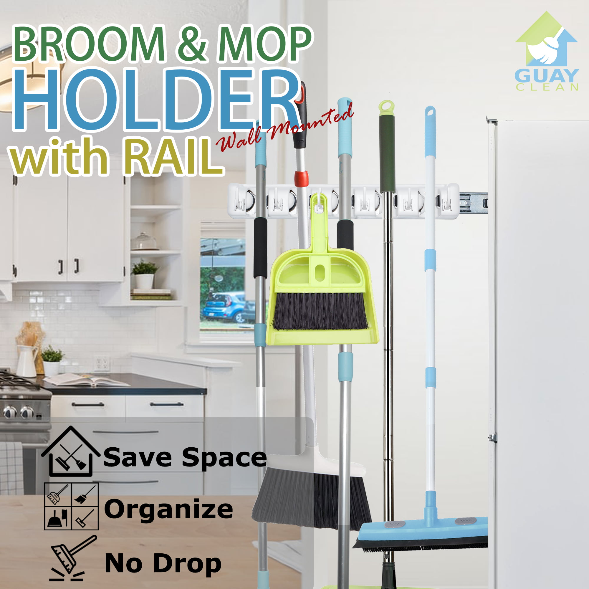 Heavy Duty Wall Mounted Shelf System Garden Tool Organizer Home Storage Utility Rack- Strong Grip Hangers with Foldable Hooks Guay Clean Broom and Mop Holder Fixed 